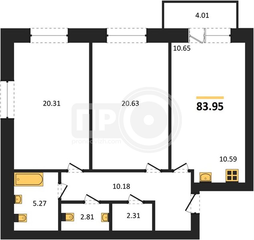 2-комнатная квартира, 83.95кв.м