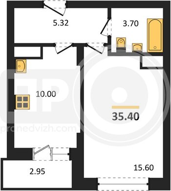 Миниатюра 1-комнатная квартира, 35.4кв.м