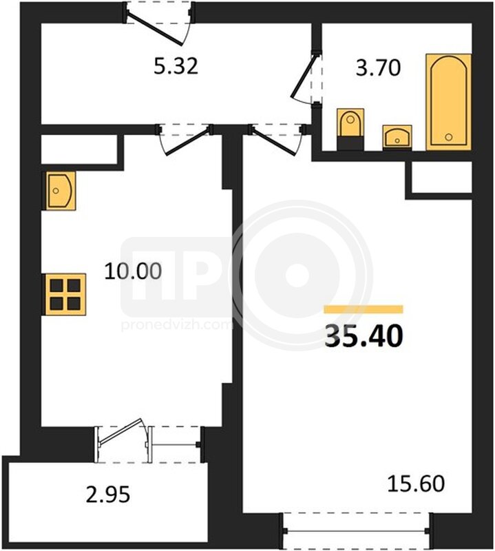 1-комнатная квартира, 35.4кв.м