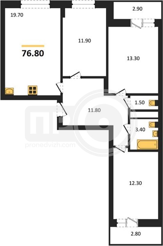 3-комнатная квартира, 76.8кв.м