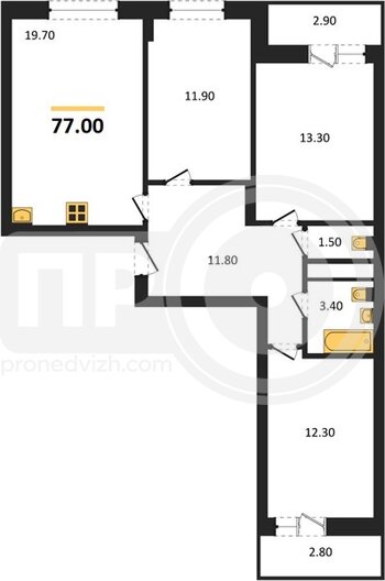 Миниатюра 3-комнатная квартира, 77кв.м