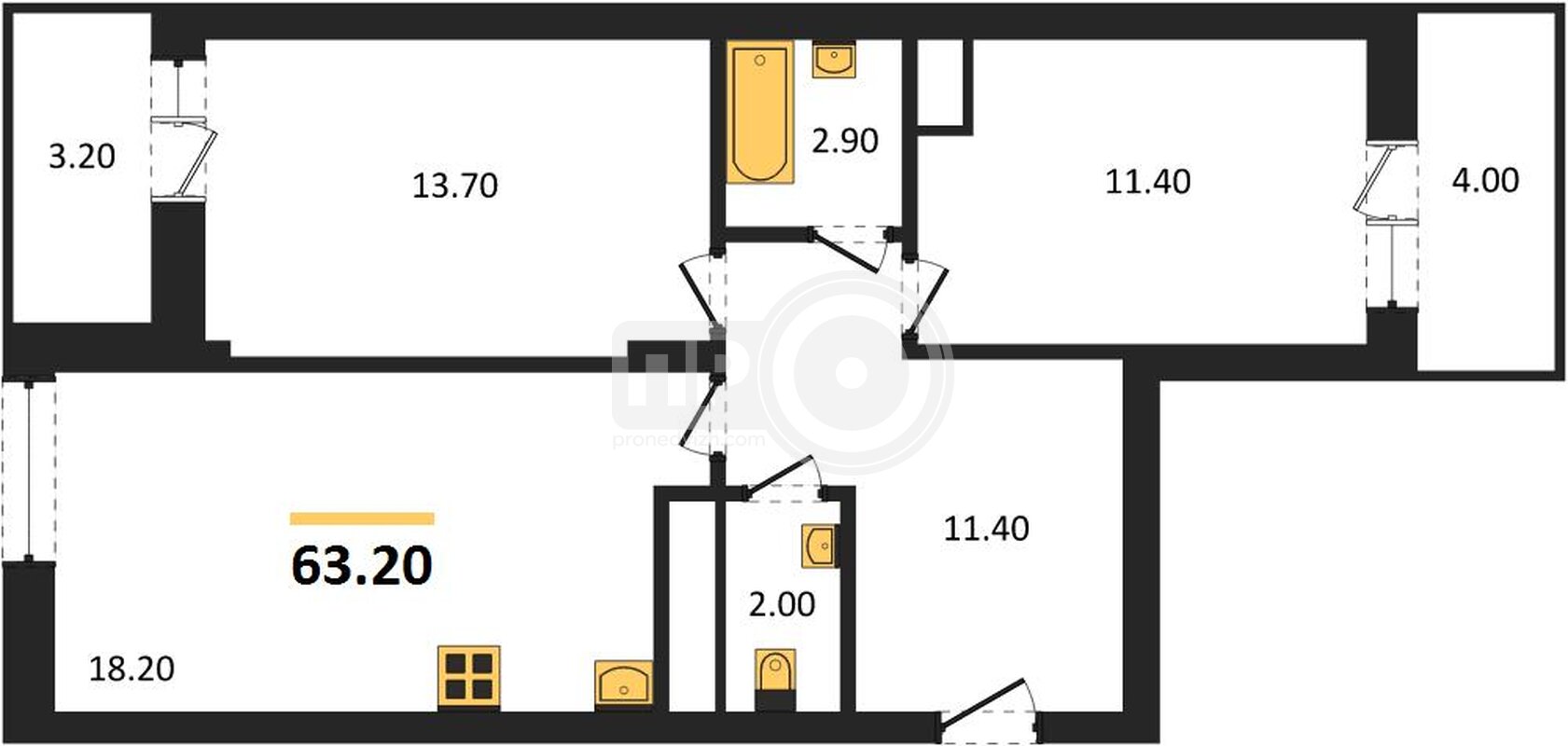 2-комнатная квартира, 63.2кв.м