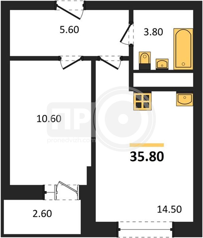1-комнатная квартира, 35.8кв.м