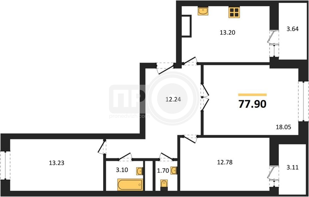 3-комнатная квартира, 77.9кв.м