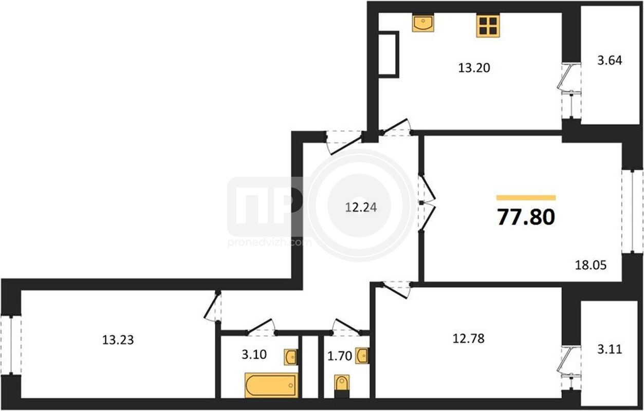 3-комнатная квартира, 77.8кв.м