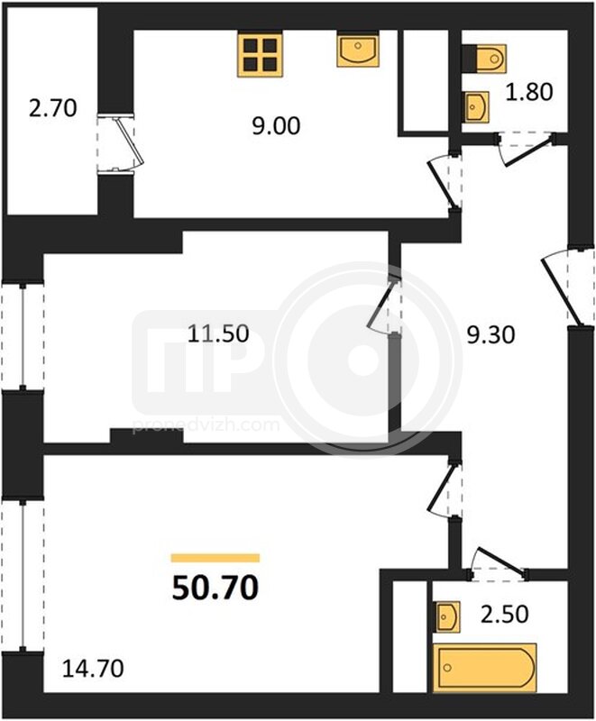 2-комнатная квартира, 50.7кв.м