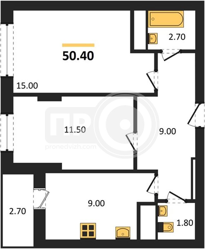 2-комнатная квартира, 50.4кв.м