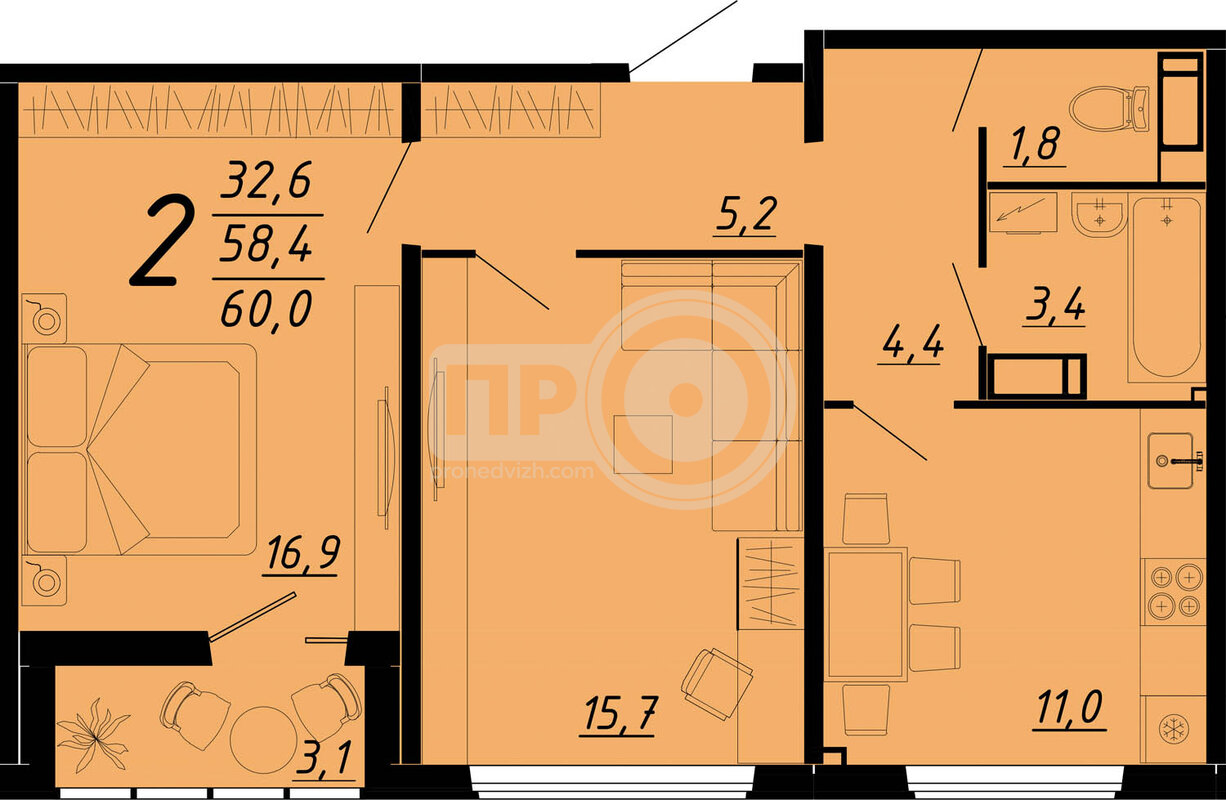 2-комнатная квартира, 60кв.м