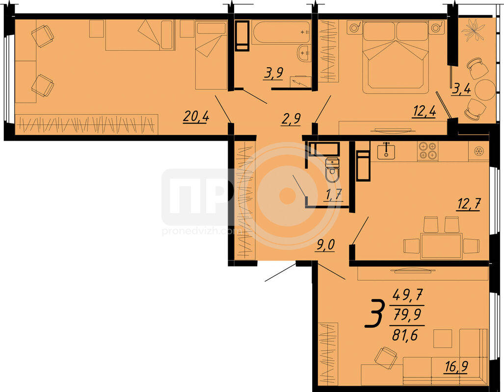 3-комнатная квартира, 81.6кв.м