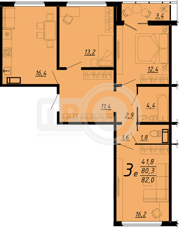 3-комнатная квартира, 81.9кв.м