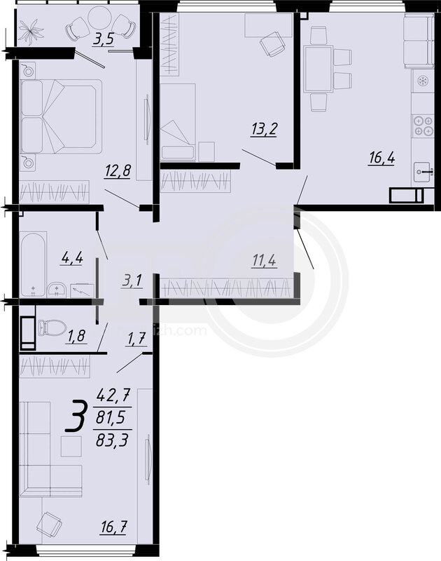 3-комнатная квартира, 83.1кв.м
