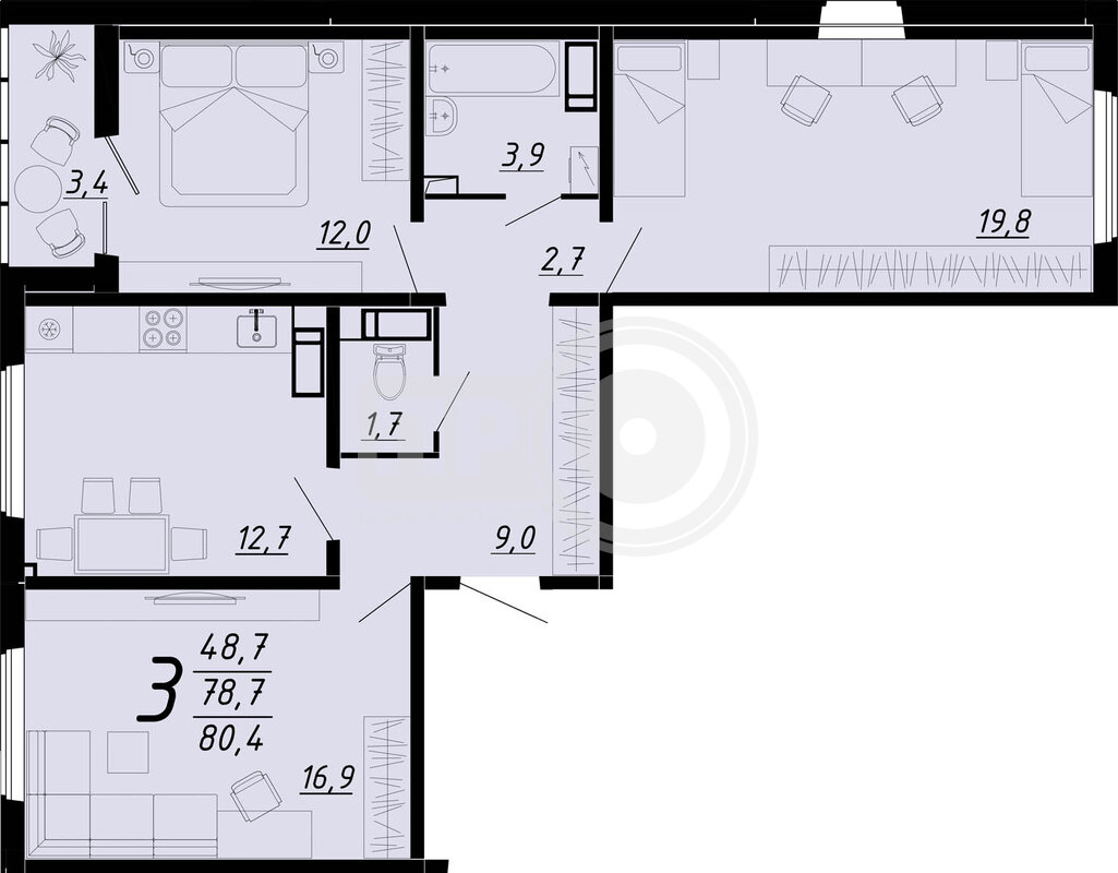 3-комнатная квартира, 80.4кв.м