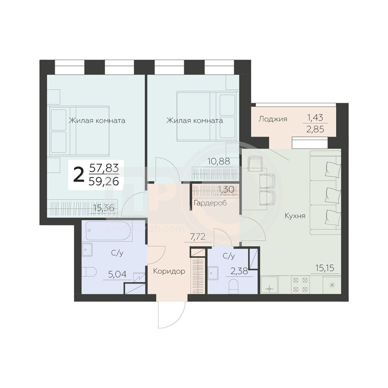 2-комнатная квартира, 59.26кв.м