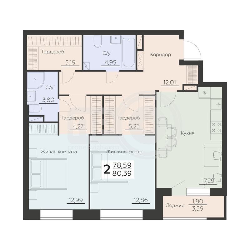 2-комнатная квартира, 80.39кв.м