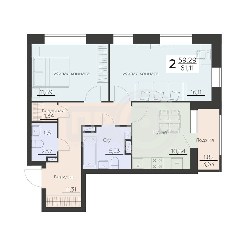 2-комнатная квартира, 61.11кв.м