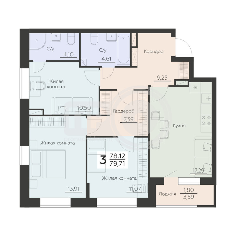 3-комнатная квартира, 79.71кв.м