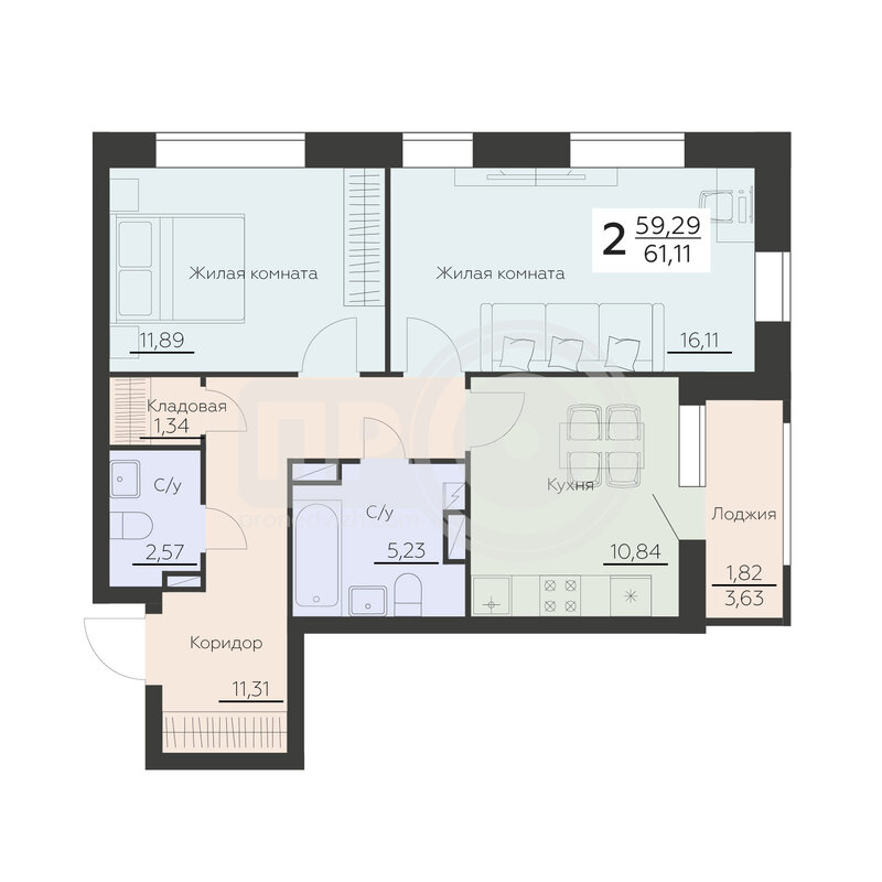 2-комнатная квартира, 61.11кв.м