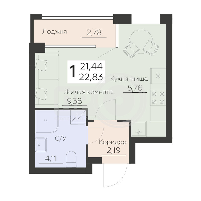 1-комнатная квартира, 22.83кв.м