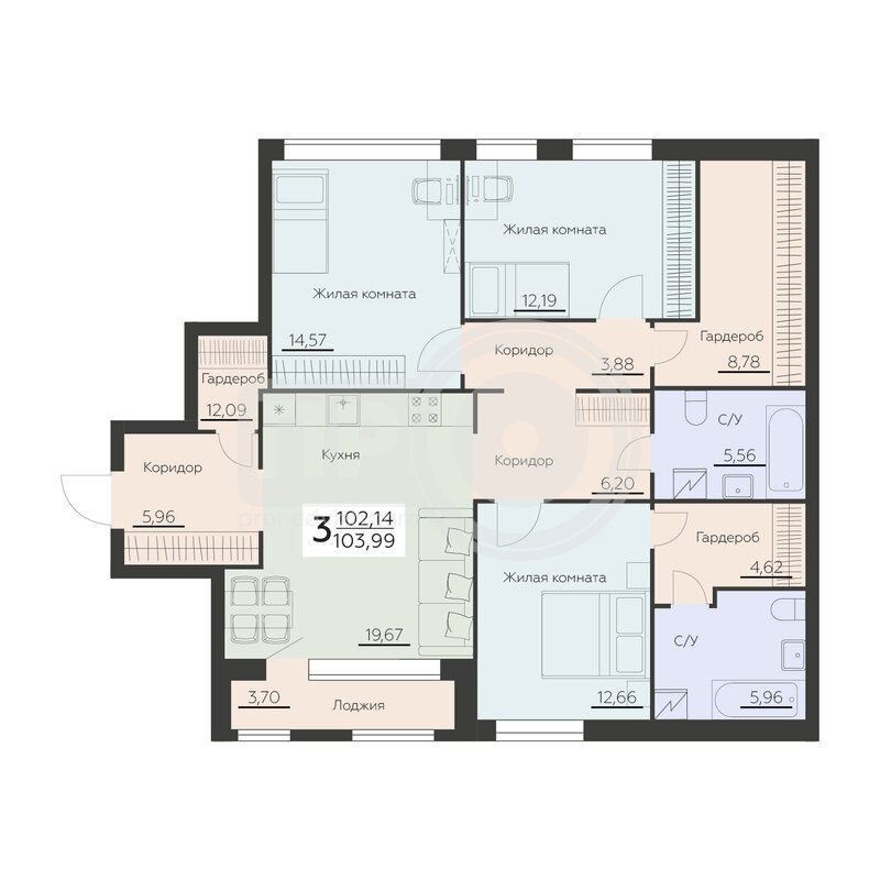 3-комнатная квартира, 103.99кв.м