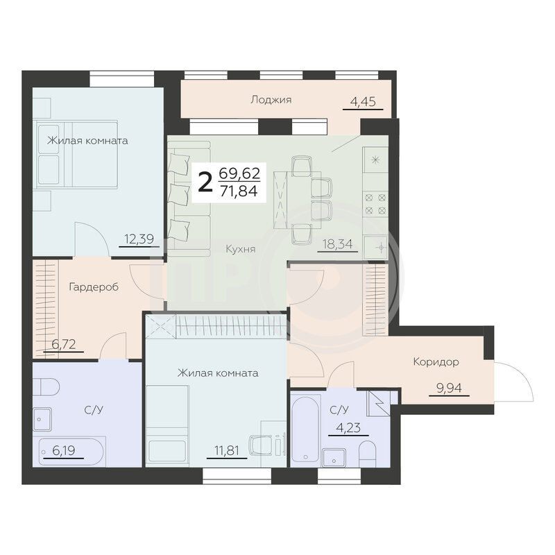 2-комнатная квартира, 71.84кв.м