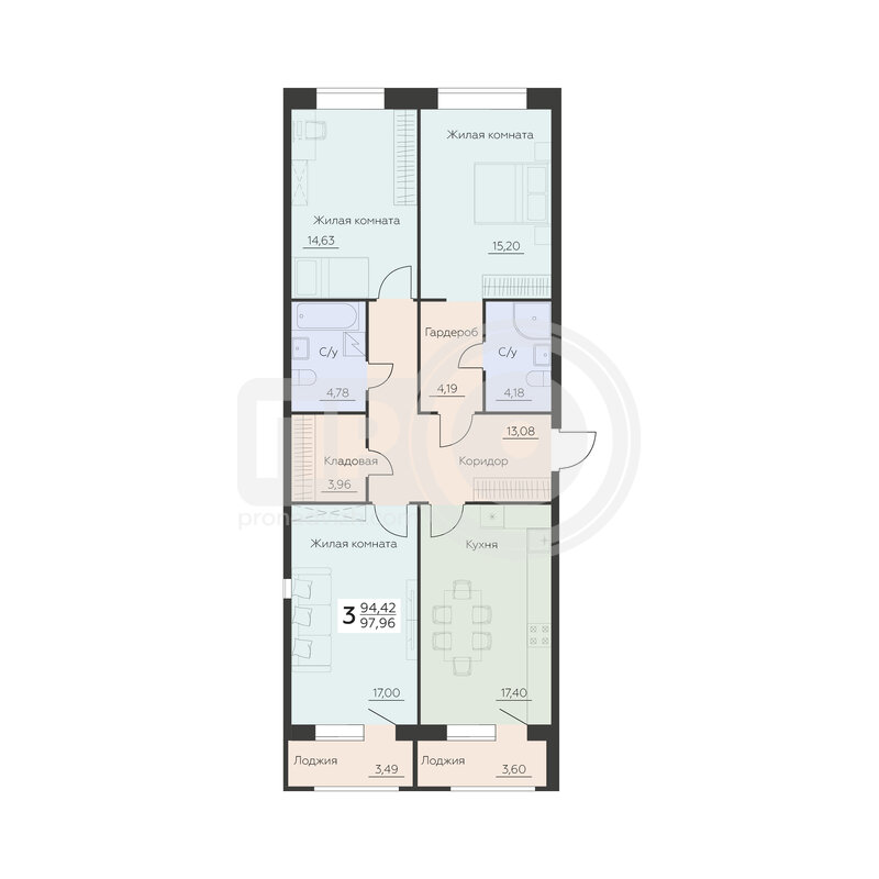3-комнатная квартира, 97.96кв.м