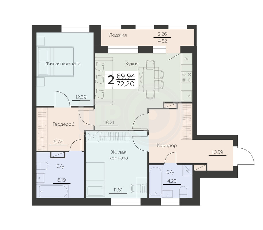 2-комнатная квартира, 72.2кв.м