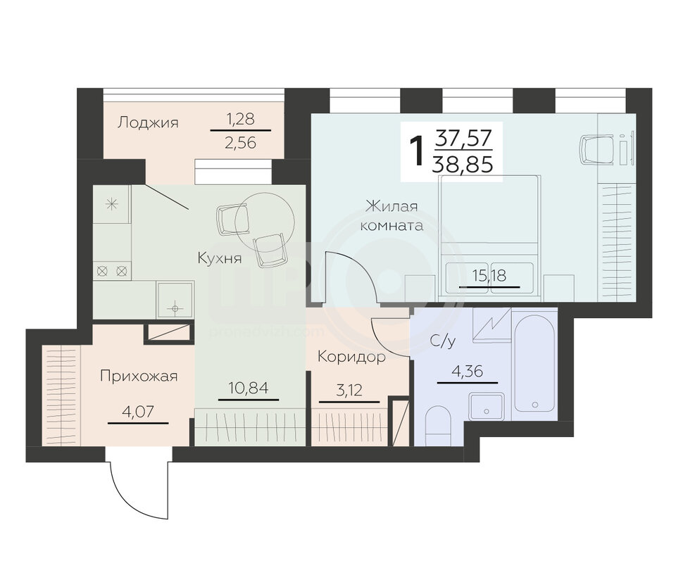 1-комнатная квартира, 38.85кв.м