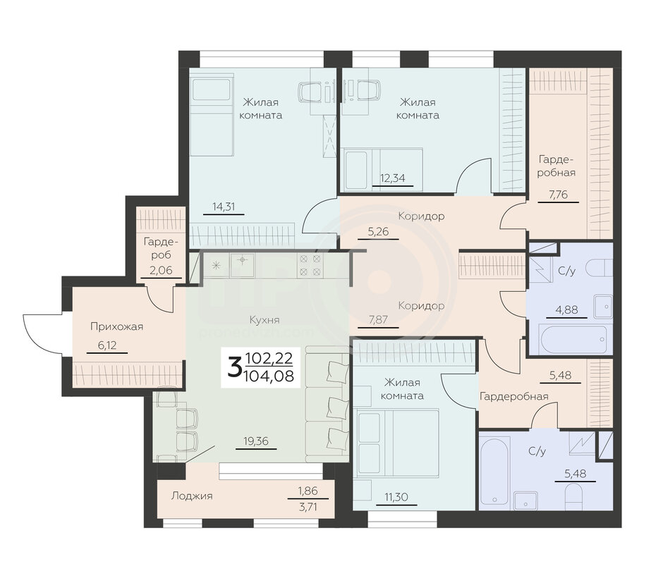 3-комнатная квартира, 104.08кв.м