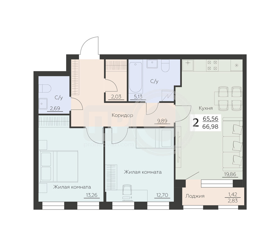 2-комнатная квартира, 66.98кв.м