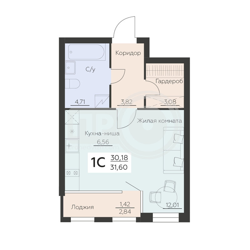 1-комнатная квартира, 31.6кв.м