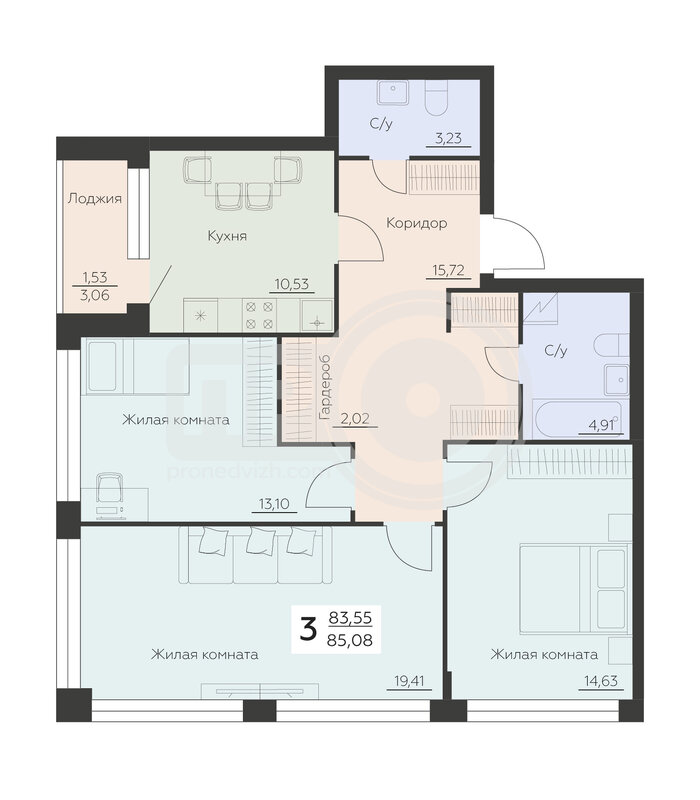 3-комнатная квартира, 85.08кв.м