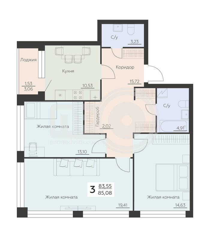 3-комнатная квартира, 85.08кв.м