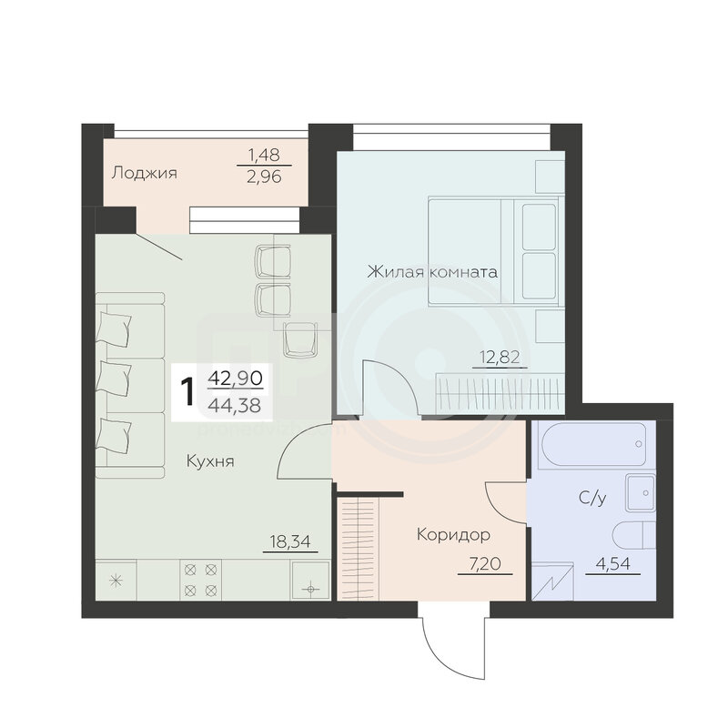 1-комнатная квартира, 44.38кв.м