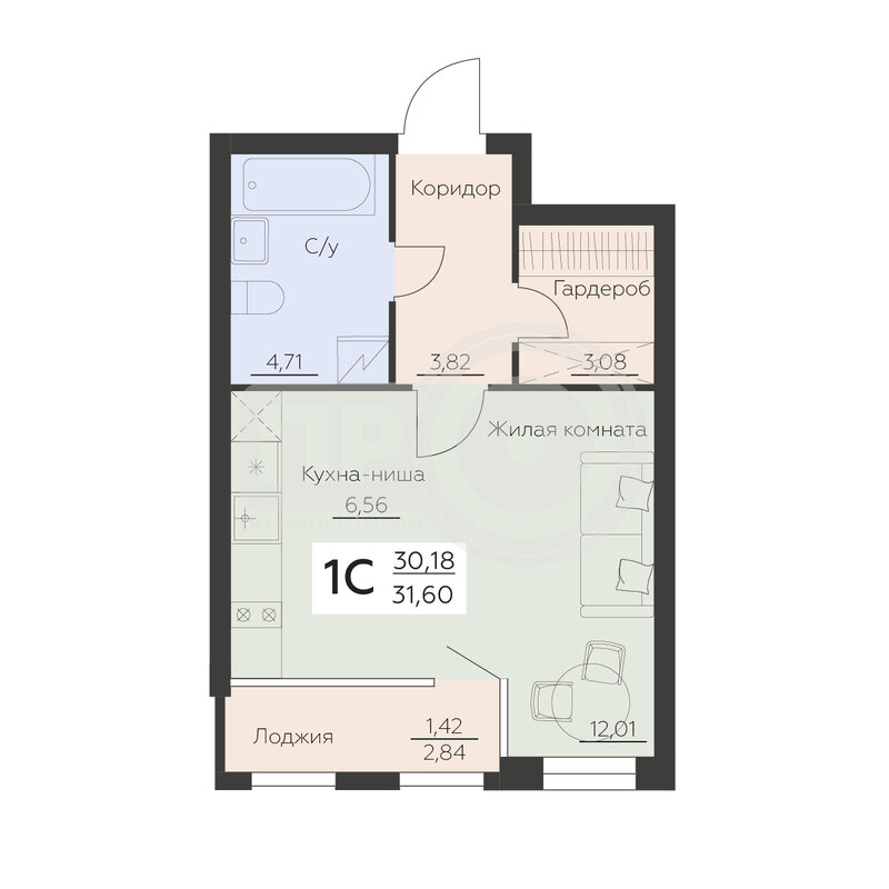 1-комнатная квартира, 31.6кв.м
