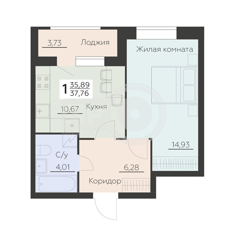 1-комнатная квартира, 37.76кв.м