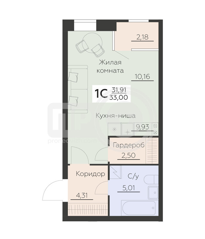 1-комнатная квартира, 33кв.м
