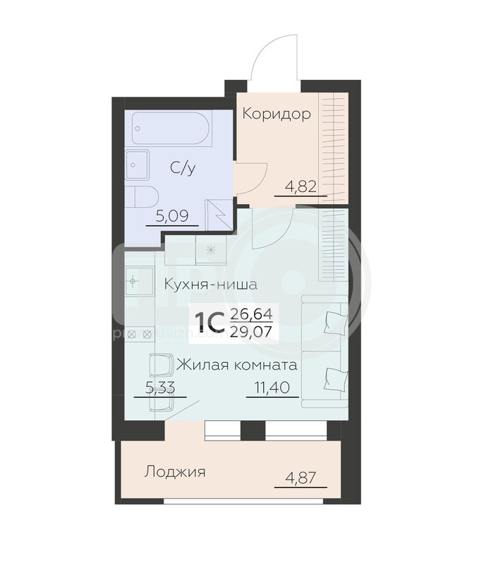 1-комнатная квартира, 29.07кв.м