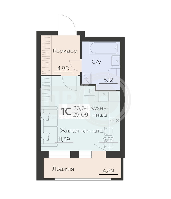 1-комнатная квартира, 29.09кв.м