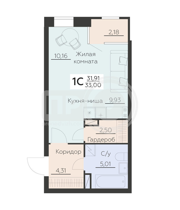 1-комнатная квартира, 33кв.м