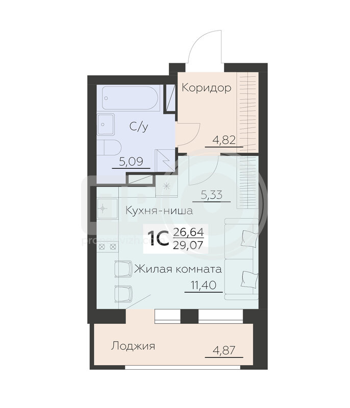 1-комнатная квартира, 29.07кв.м