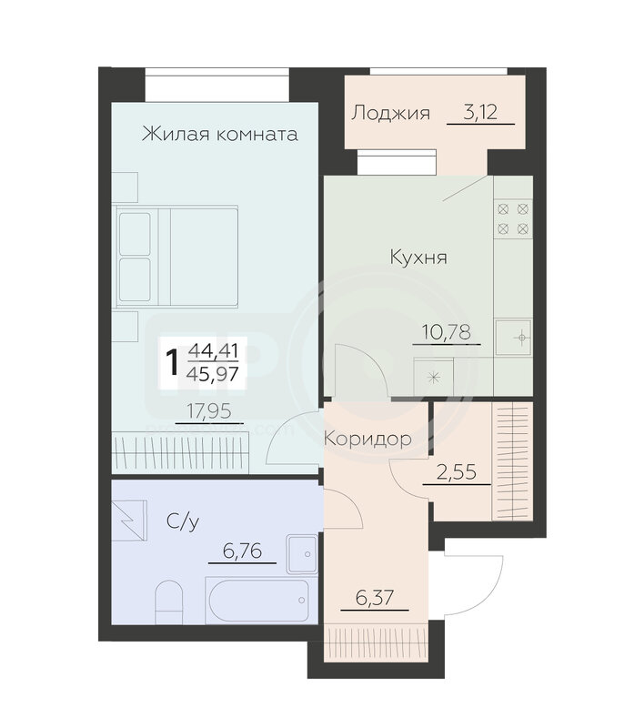 1-комнатная квартира, 45.97кв.м