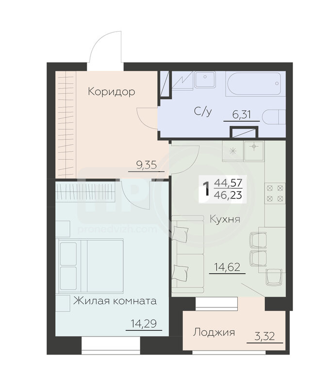 1-комнатная квартира, 46.23кв.м