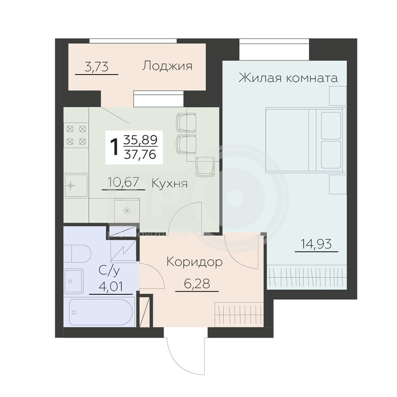 1-комнатная квартира, 37.76кв.м