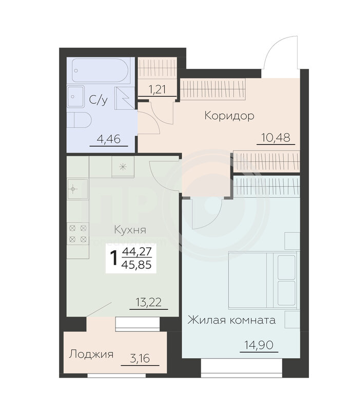 1-комнатная квартира, 45.85кв.м