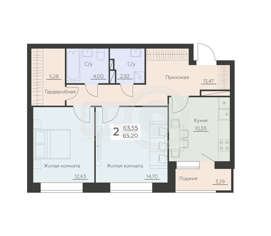 2-комнатная квартира, 65.2кв.м