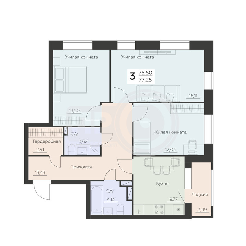 3-комнатная квартира, 77.25кв.м