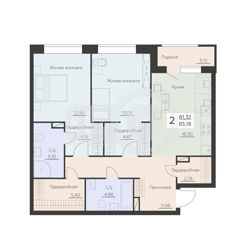 2-комнатная квартира, 83.18кв.м