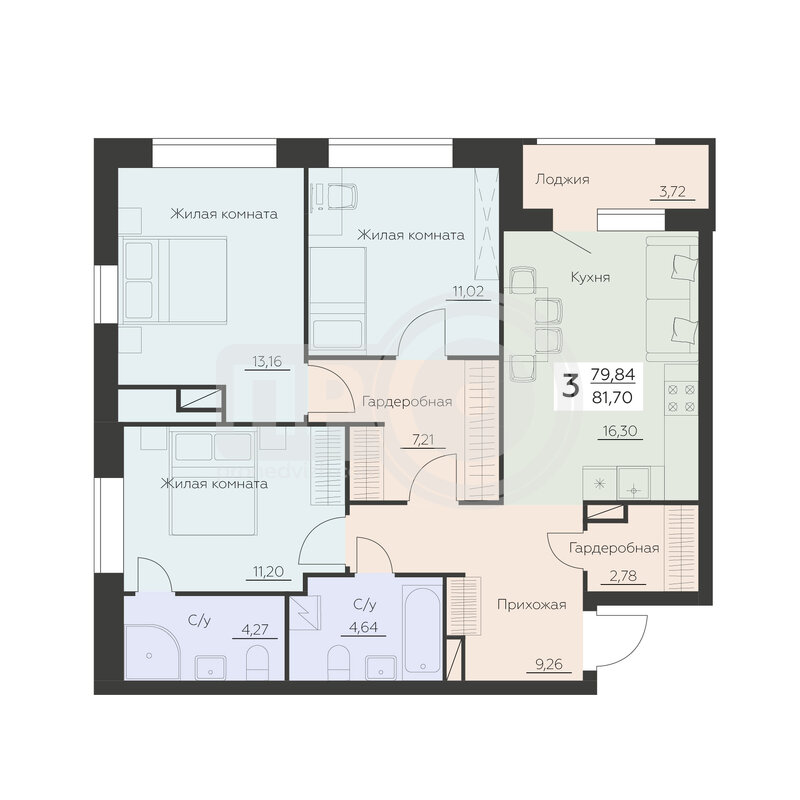 3-комнатная квартира, 81.7кв.м
