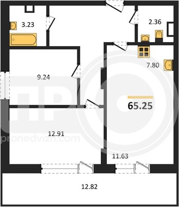 Миниатюра 2-комнатная квартира, 65.25кв.м
