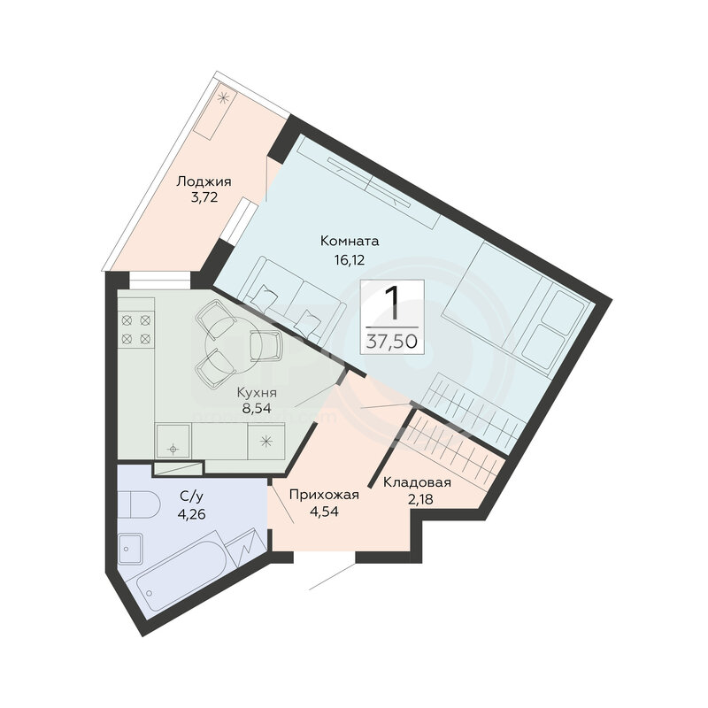 1-комнатная квартира, 37.5кв.м